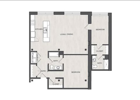 A floor plan of a house with two bedrooms, a living room, a kitchen, a bathroom, an entry, and a closet.